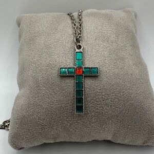 Silver and Green Cross Pendant Necklace